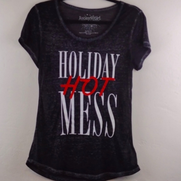 Rocker Girl Black "Holiday 💋 Hot Mess" Acid-Wash Short Sleeve Tee - Picture 1 of 10